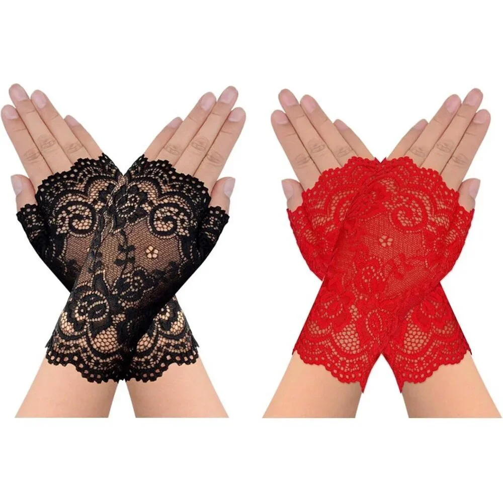 Women's 2 Pair Black Red Lace Fingerless Gloves Party Prom Costume Accessories
